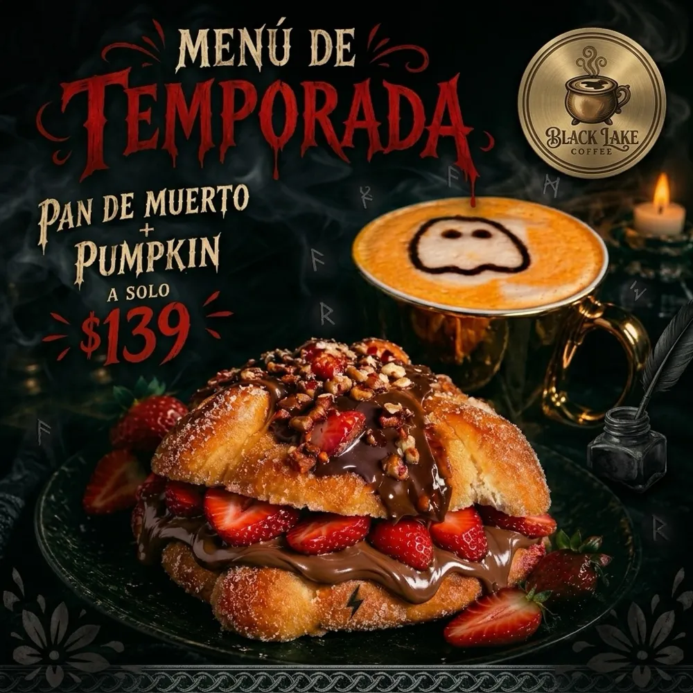 Pan de muerto relleno de chocolate y fresas junto a un latte con un fantasma en la espuma